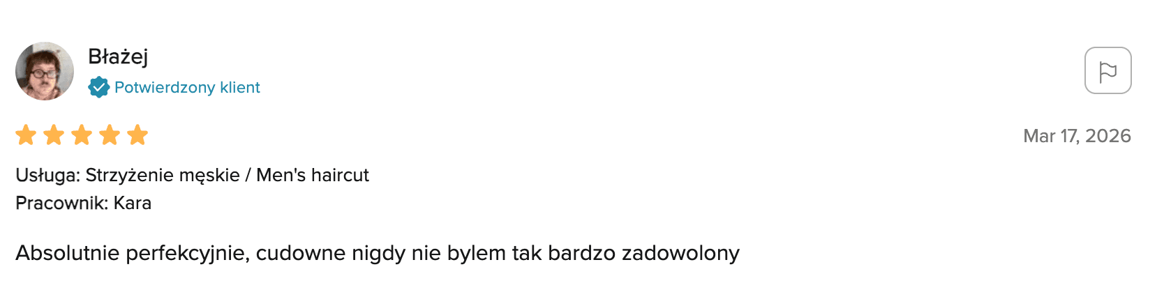 Opinia klienta z Booksy — 5 gwiazdek, zrzut ekranu 2
